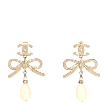 Chanel Pearl Bow CC Drop Earrings Gold 1 of 4