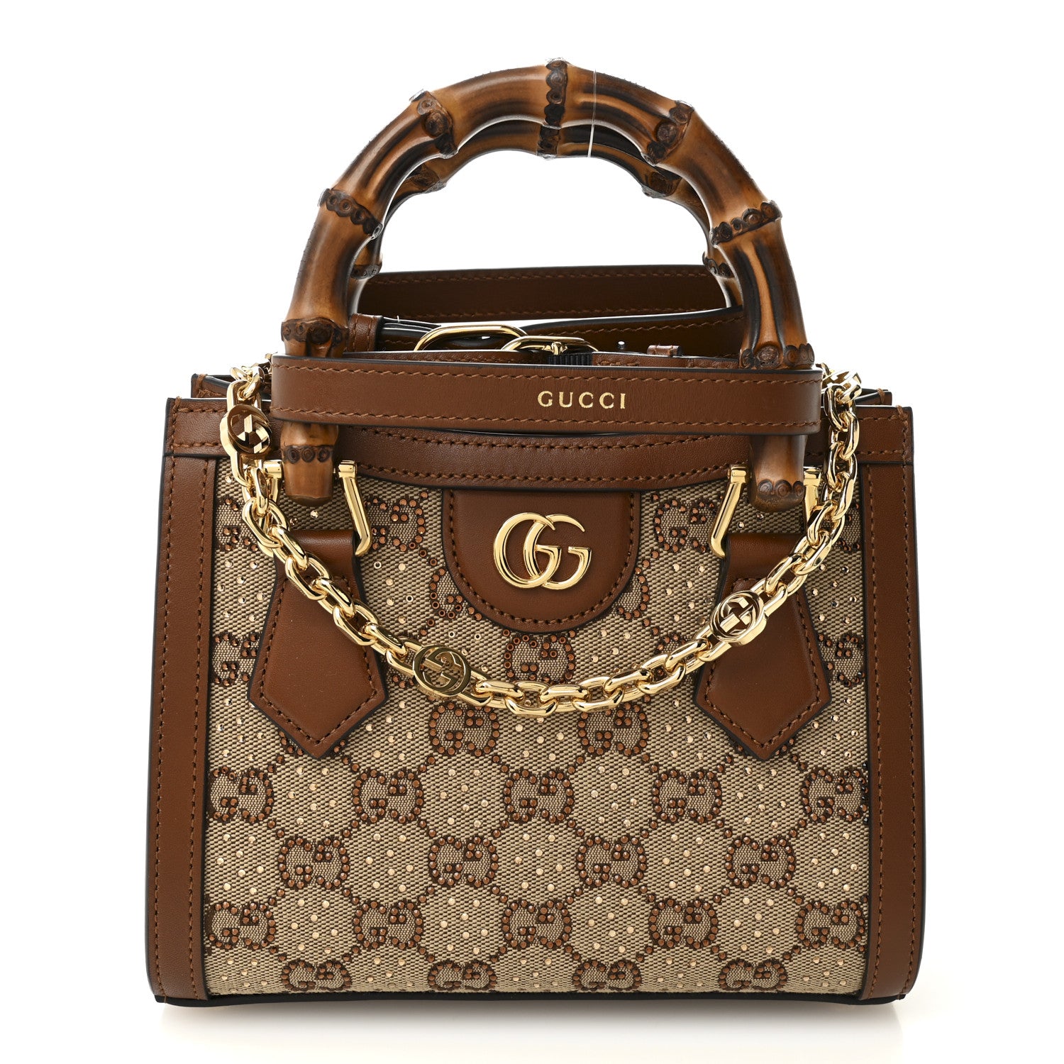 Gucci New Canvas Charisma Calfskin Crystal GG Monogram Mini Diana Tote Bag Camel Ebony 1 of 10