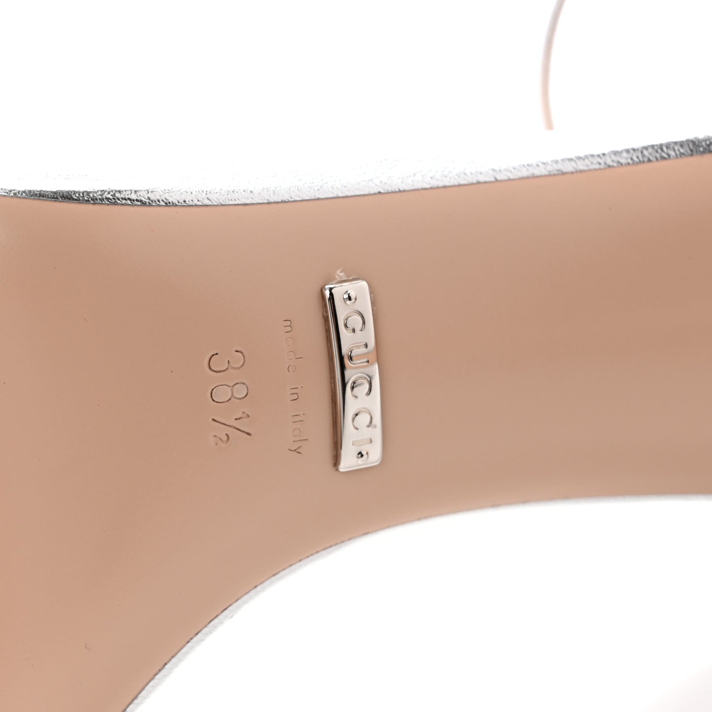 Nappa Silk Crystal GG Ankle Strap High Heel Sandals 38.5 Argento