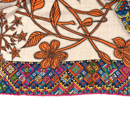 Hermes Cashmere Silk Le Jaguar Et Le Colibri Shawl 140 Naturel Orange Multicolor 4 of 4