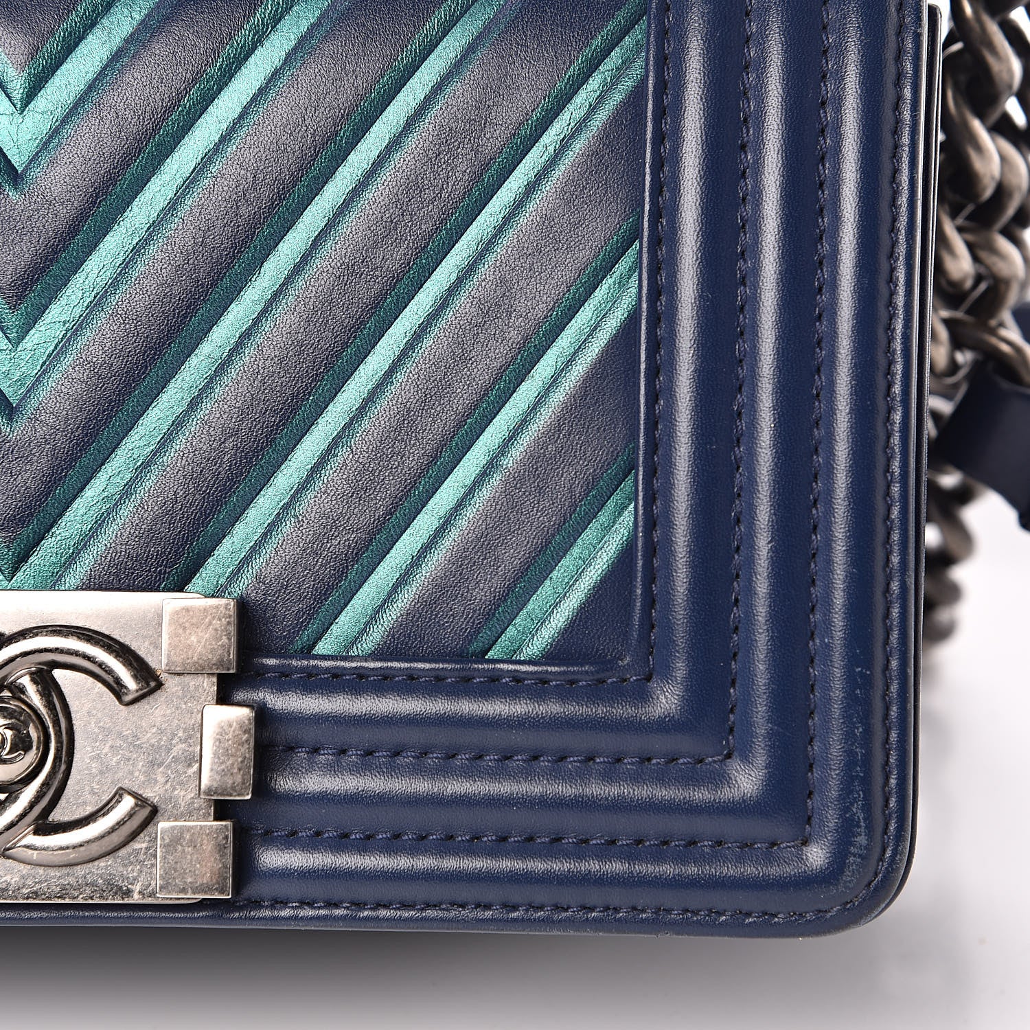 Chanel Calfskin Painted Chevron Embossed Small Boy Flap Dark Blue 10 of 18
