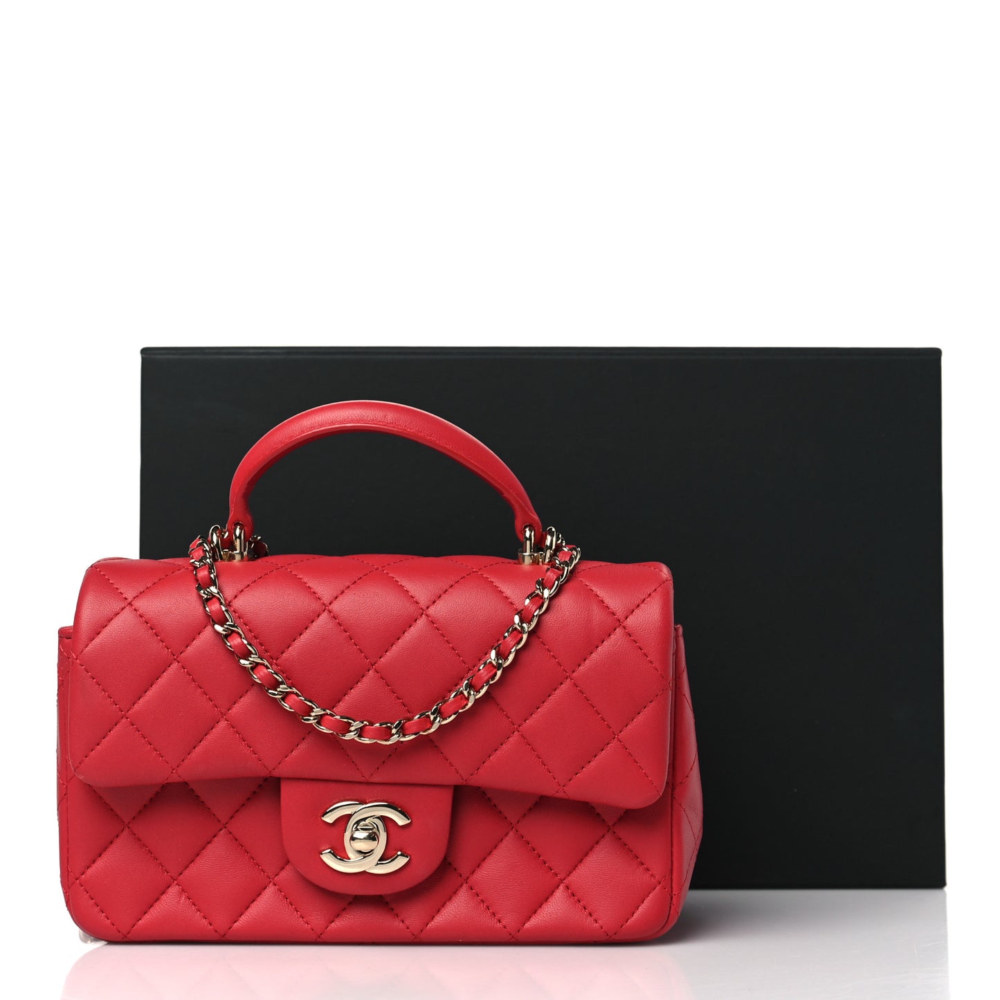 Lambskin Quilted Mini Top Handle Rectangular Flap Red