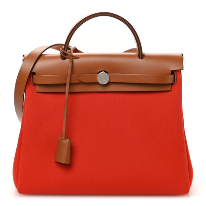 Hermes Vache Hunter Toile Herbag Zip Retourne 31 PM Orange Mecano Fauve 1 of 12