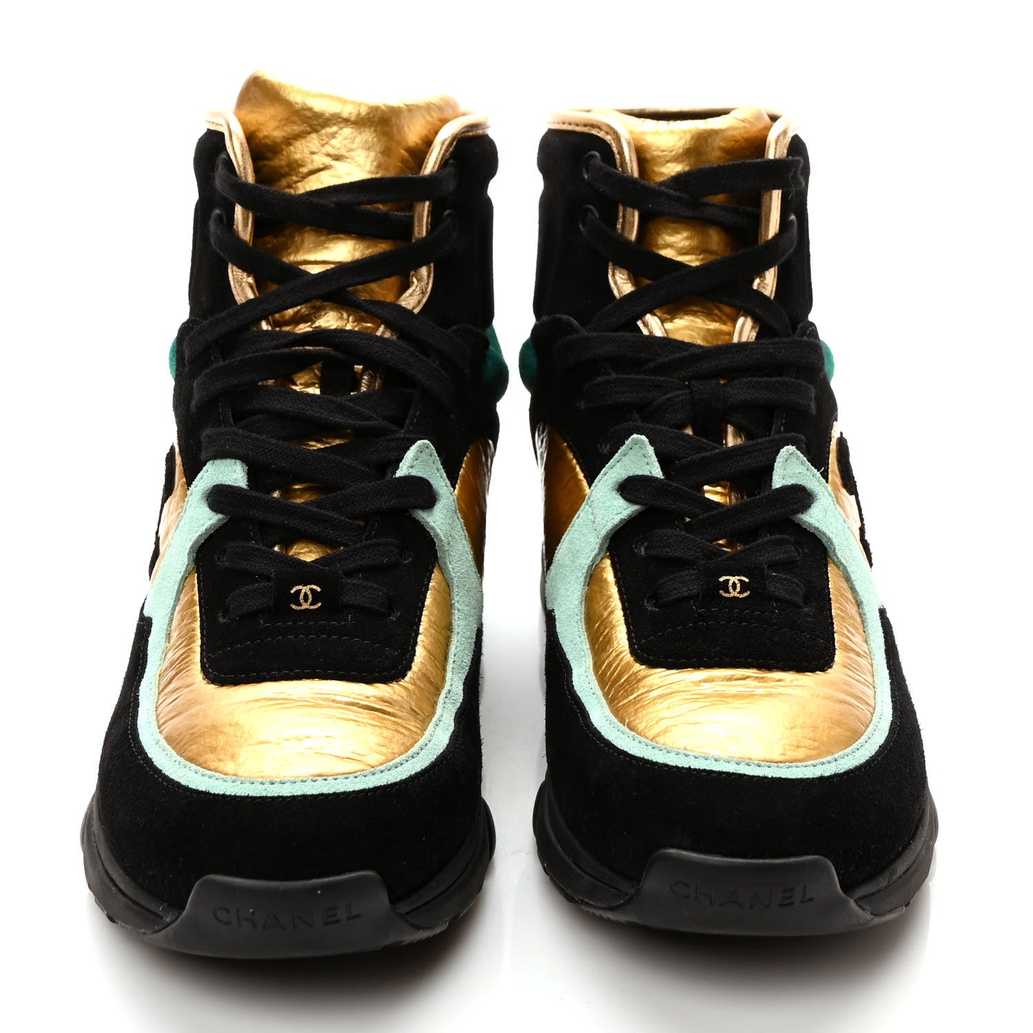 Chanel Suede Calfskin Fabric CC High Top Sneakers 38.5 Black Turquoise Gold 2 of 7