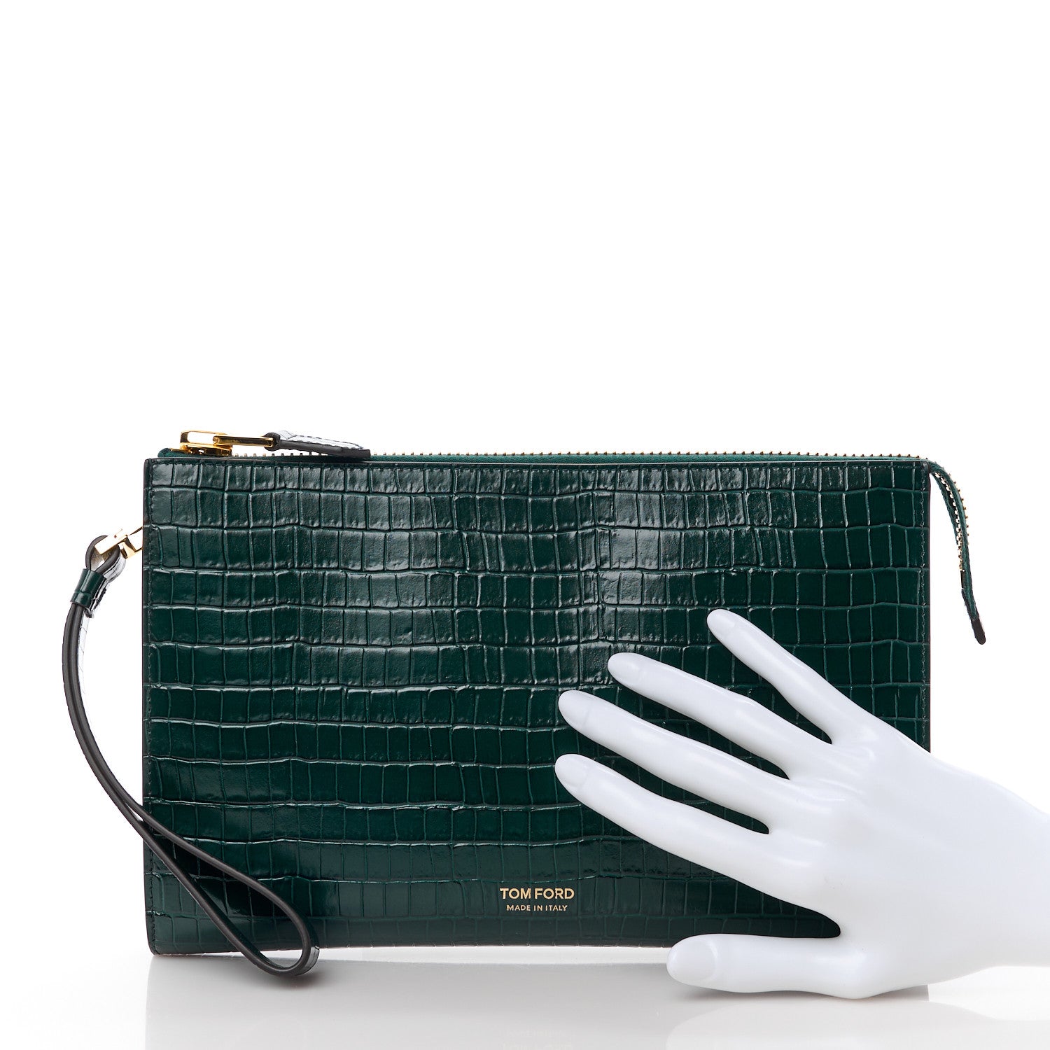 Tom Ford Calfskin Crocodile Embossed Zip Clutch Bottle Green 2 of 11