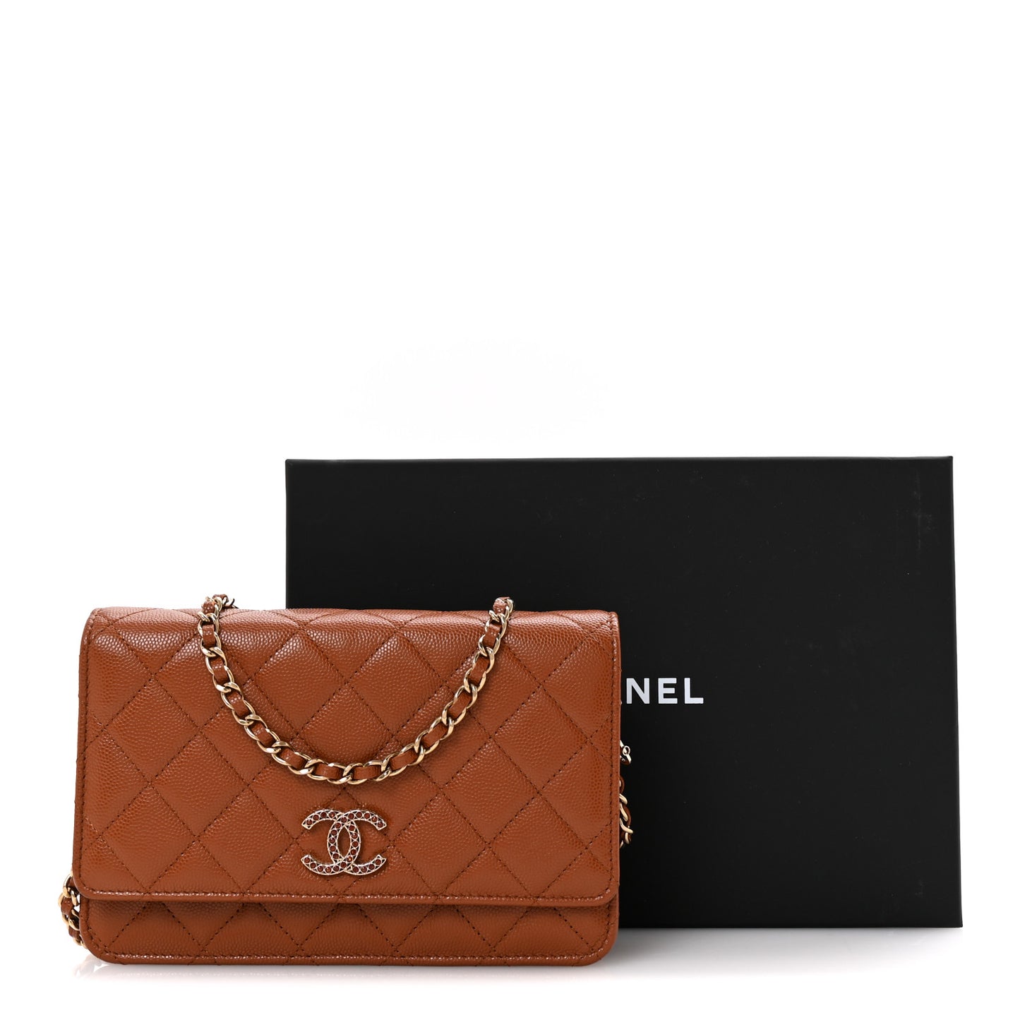 Shiny Caviar Quilted Strass Wallet On Chain WOC Light Brown