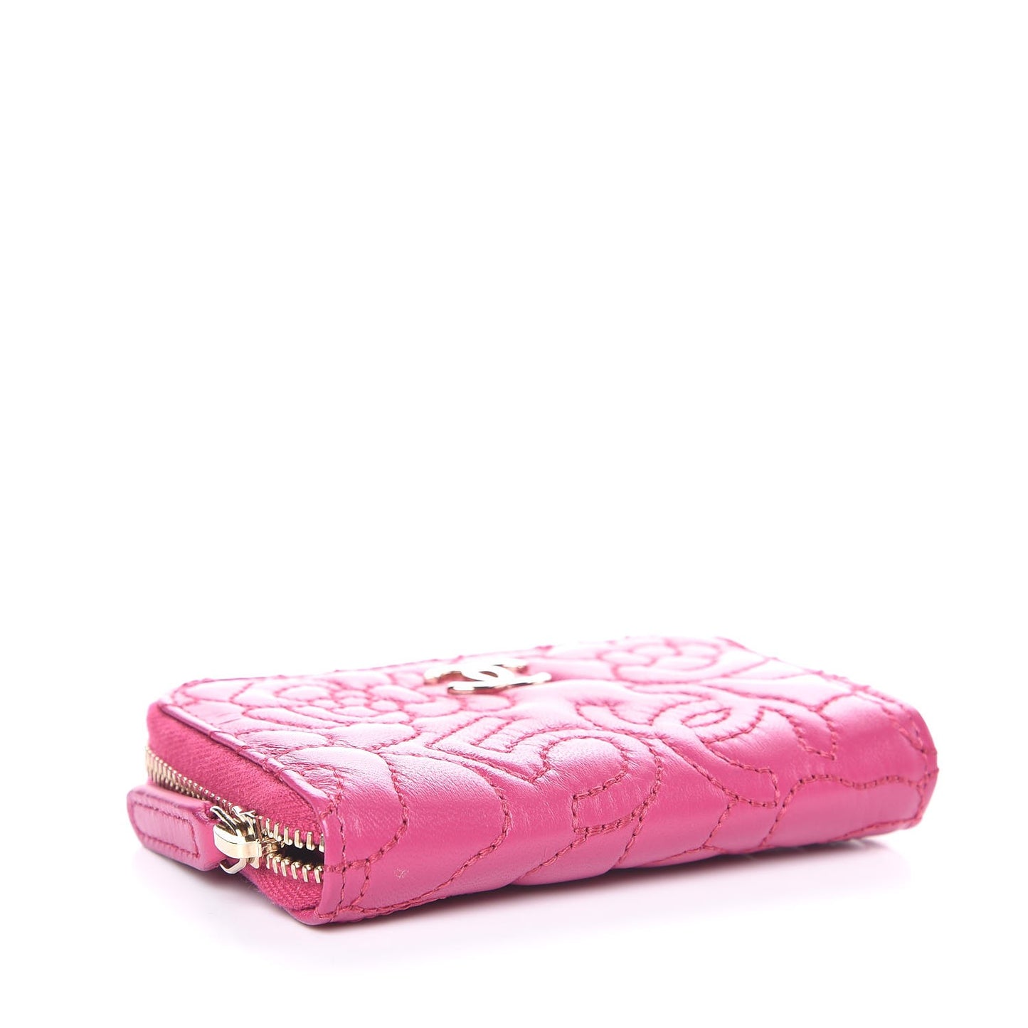 Lambskin Camellia Embossed Zip Coin Purse Pink