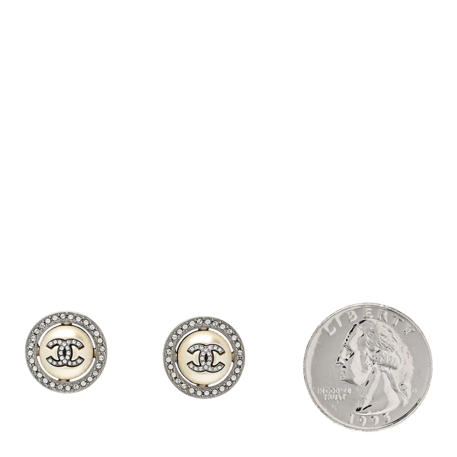 Chanel Pearl Crystal CC Round Earrings Silver 3 of 4