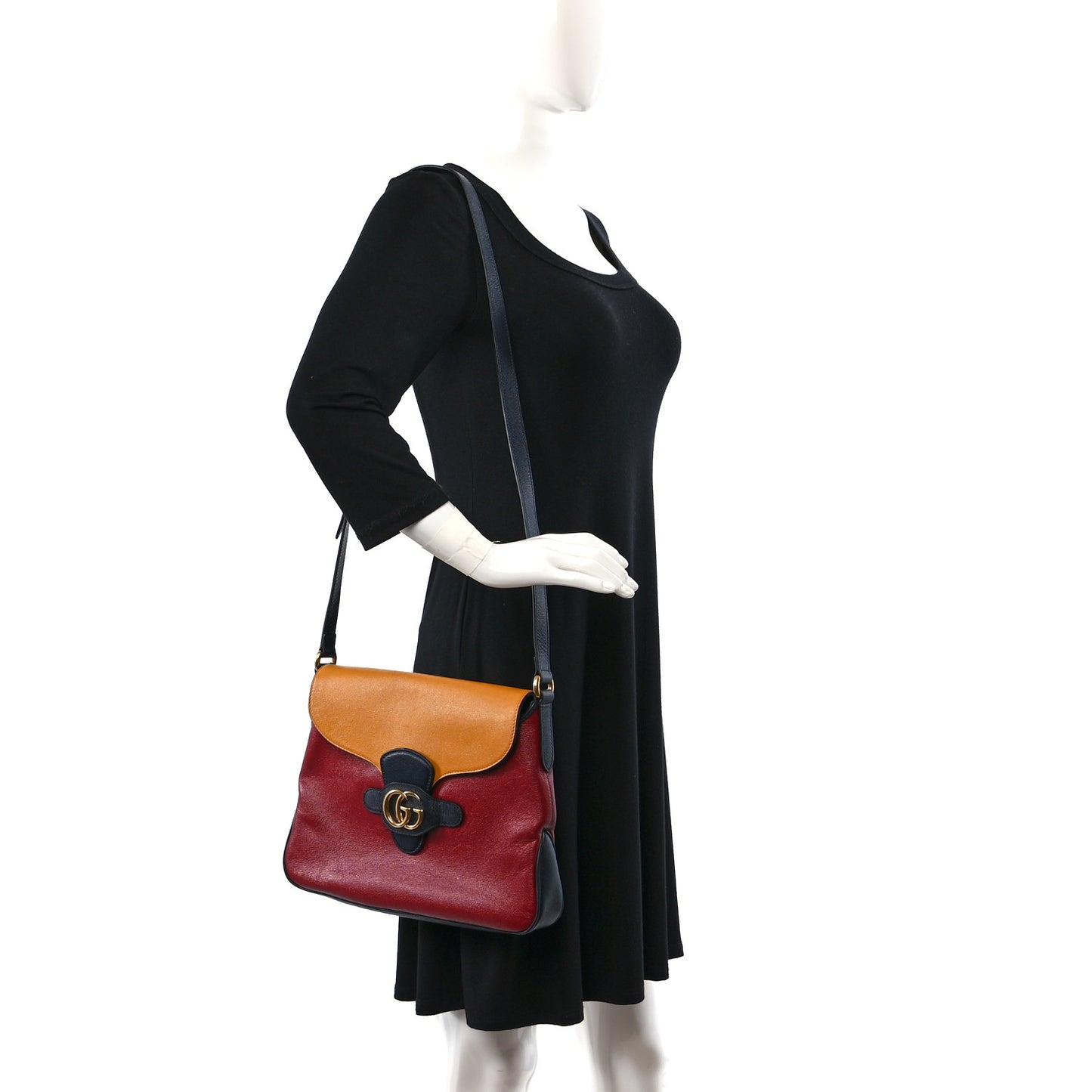 New Sakai Calfskin Lux Tri-Color Medium Dahlia Messenger Shoulder Bag New Cherry Red Sun Oil Blue