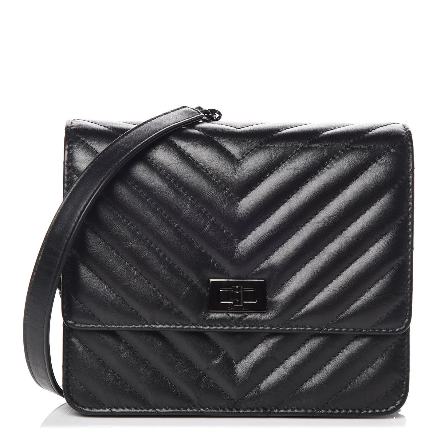 Aged Calfskin Chevron Quilted Reissue 2.55 Square Wallet On Chain WOC So Black