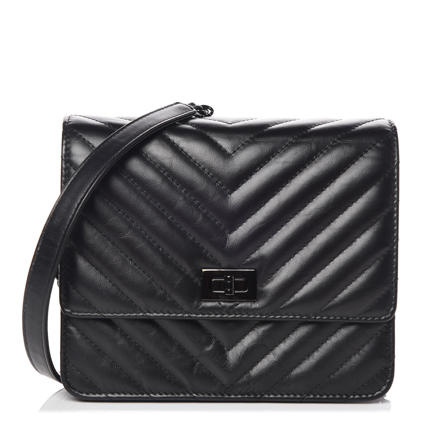 Chanel Aged Calfskin Chevron Quilted Reissue 2.55 Square Wallet On Chain WOC So Black 1 of 10