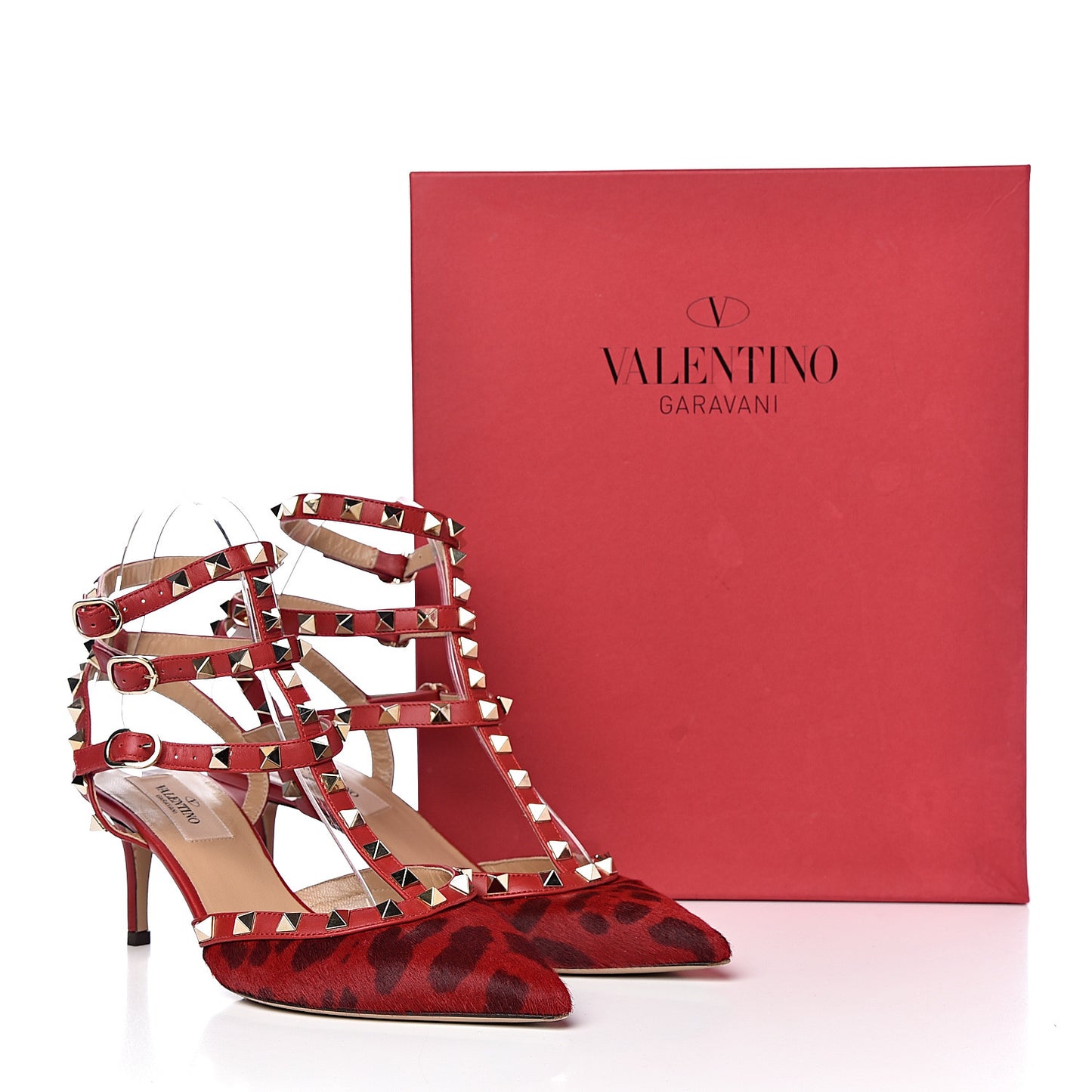Calf Hair Leopard Print Rockstud Ankle Strap 65mm Pumps 37 Rosso Valentino