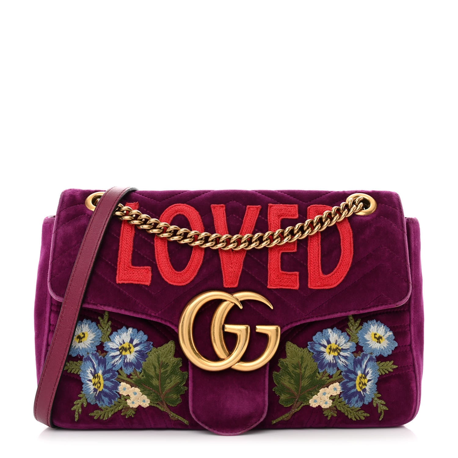 Gucci Velvet Matelasse Loved Embroidered Medium GG Marmont Shoulder Bag Fuchsia Violet Cyclamen 1 of 16
