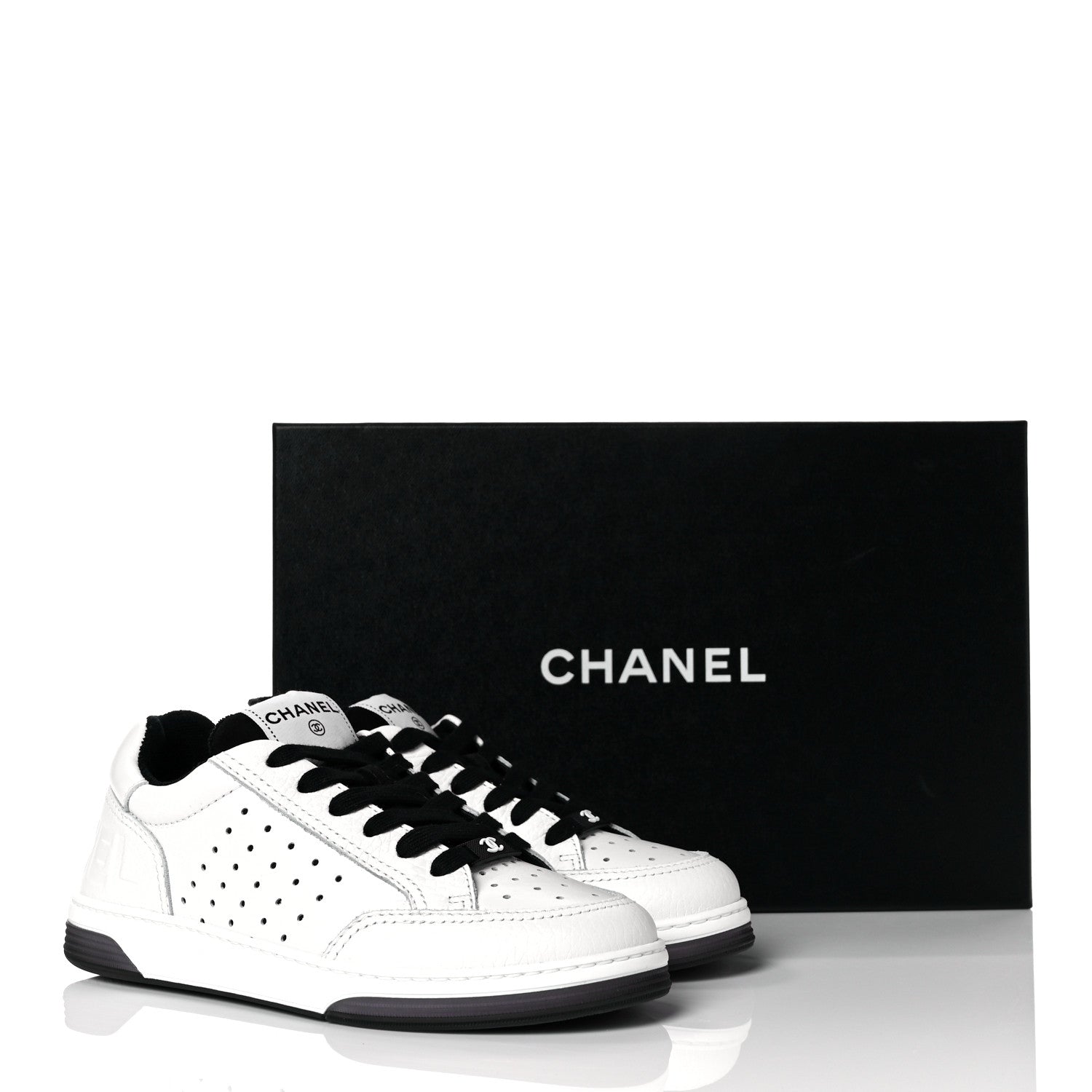 Chanel Grained Calfskin Fabric Womens Logo Sneakers 35.5 White Black 9 of 9