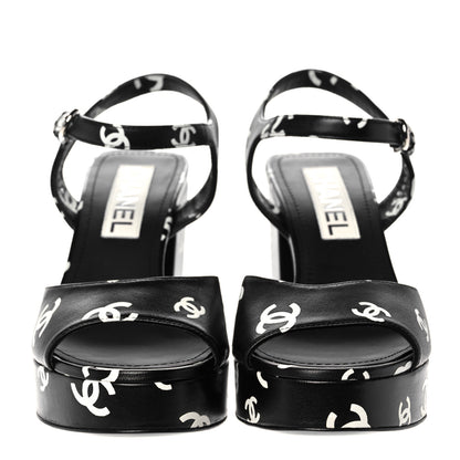 Chanel Printed Lambskin Coco Beach Platform Sandals 37 Black White 2 of 9