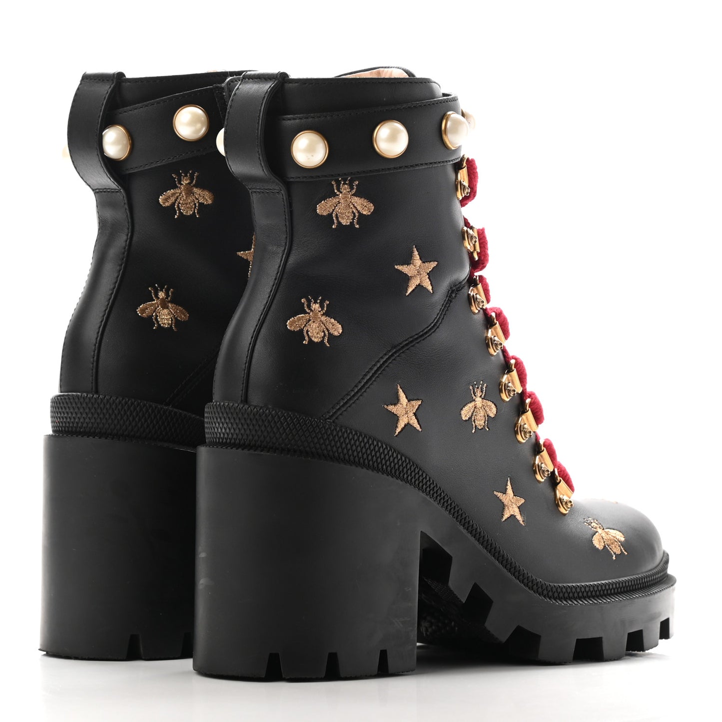 Calfskin Embroidered Lace Up Combat Ankle Boots 36 Black
