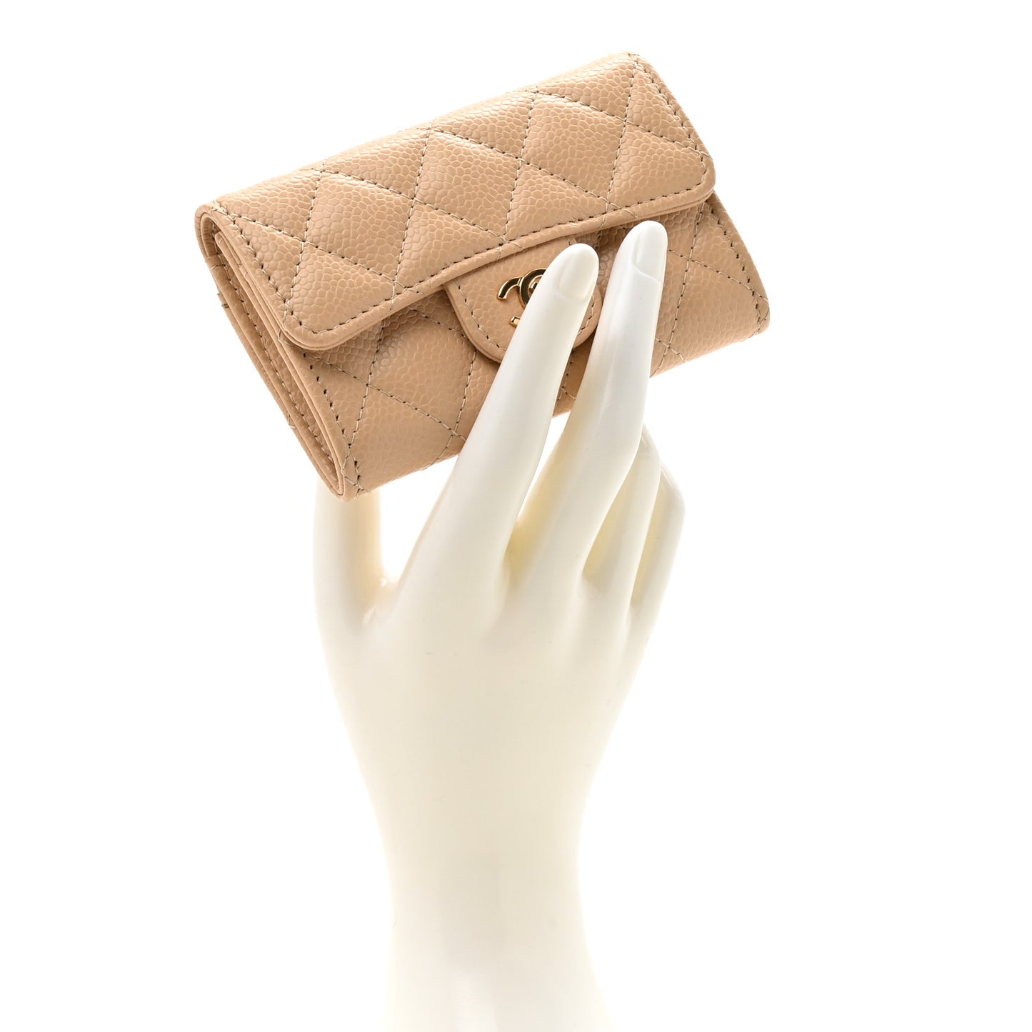 Caviar Quilted Flap Card Holder Wallet Beige