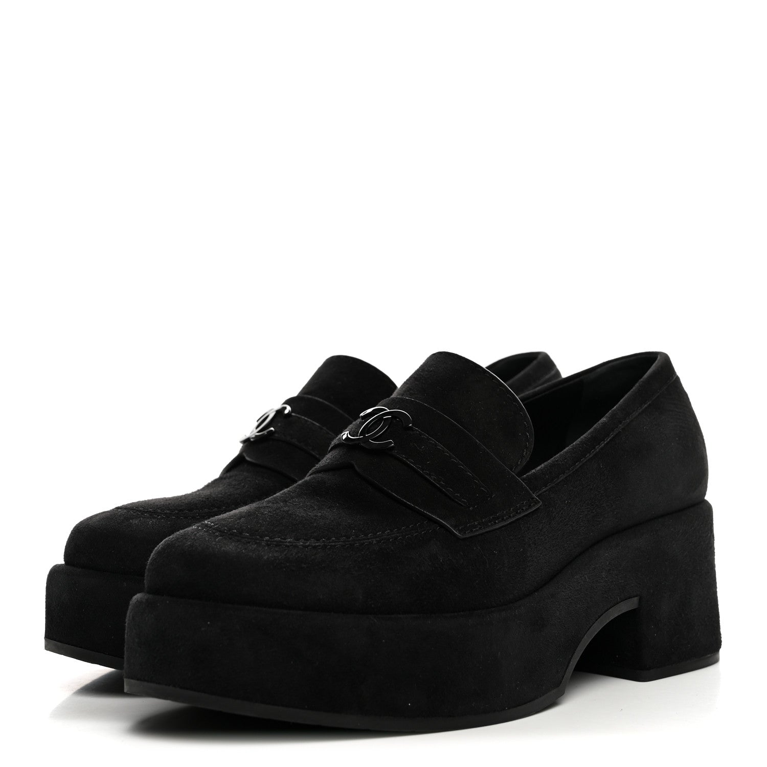 Chanel Suede Kidskin CC Platform Loafers 37 Black 4 of 10