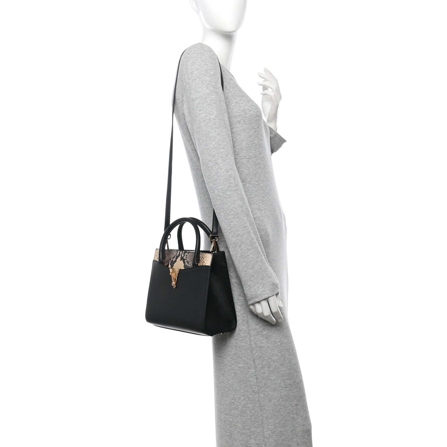 Versace Grainy Calfskin Snakeskin Embossed Virtus Top Handle Tote Black 2 of 10