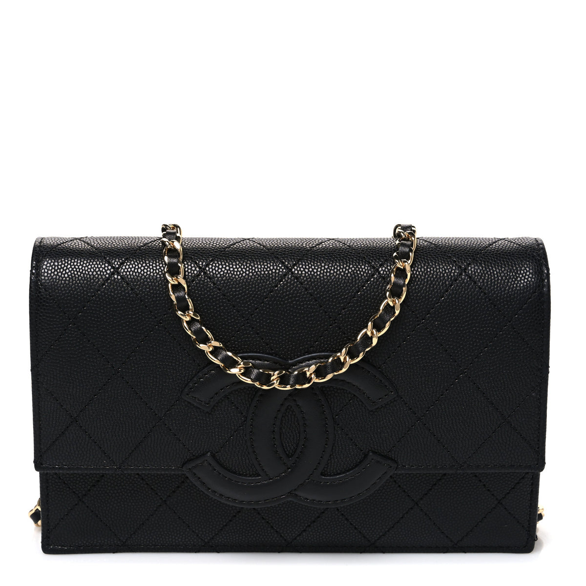 Shiny Caviar Lambskin Quilted CC Neo Filigree Wallet on Chain WOC Black