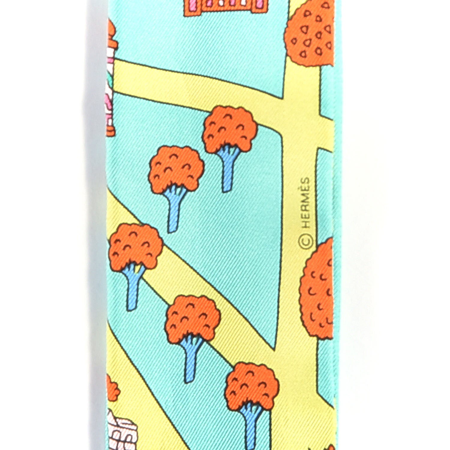 Hermes Silk Les Nouveaux Amoureux de Paris Twilly Vert D'eau Jaune Fluo Orange 3 of 4