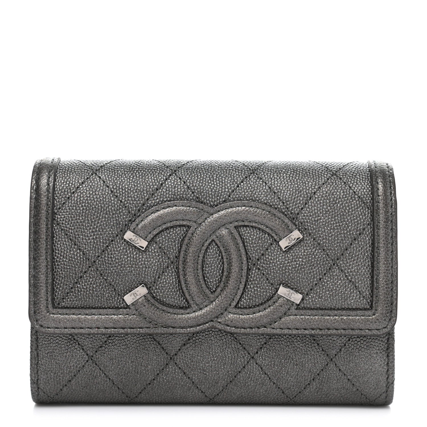 Chanel Iridescent Caviar Quilted Medium Filigree Flap Wallet Silver 1 of 9