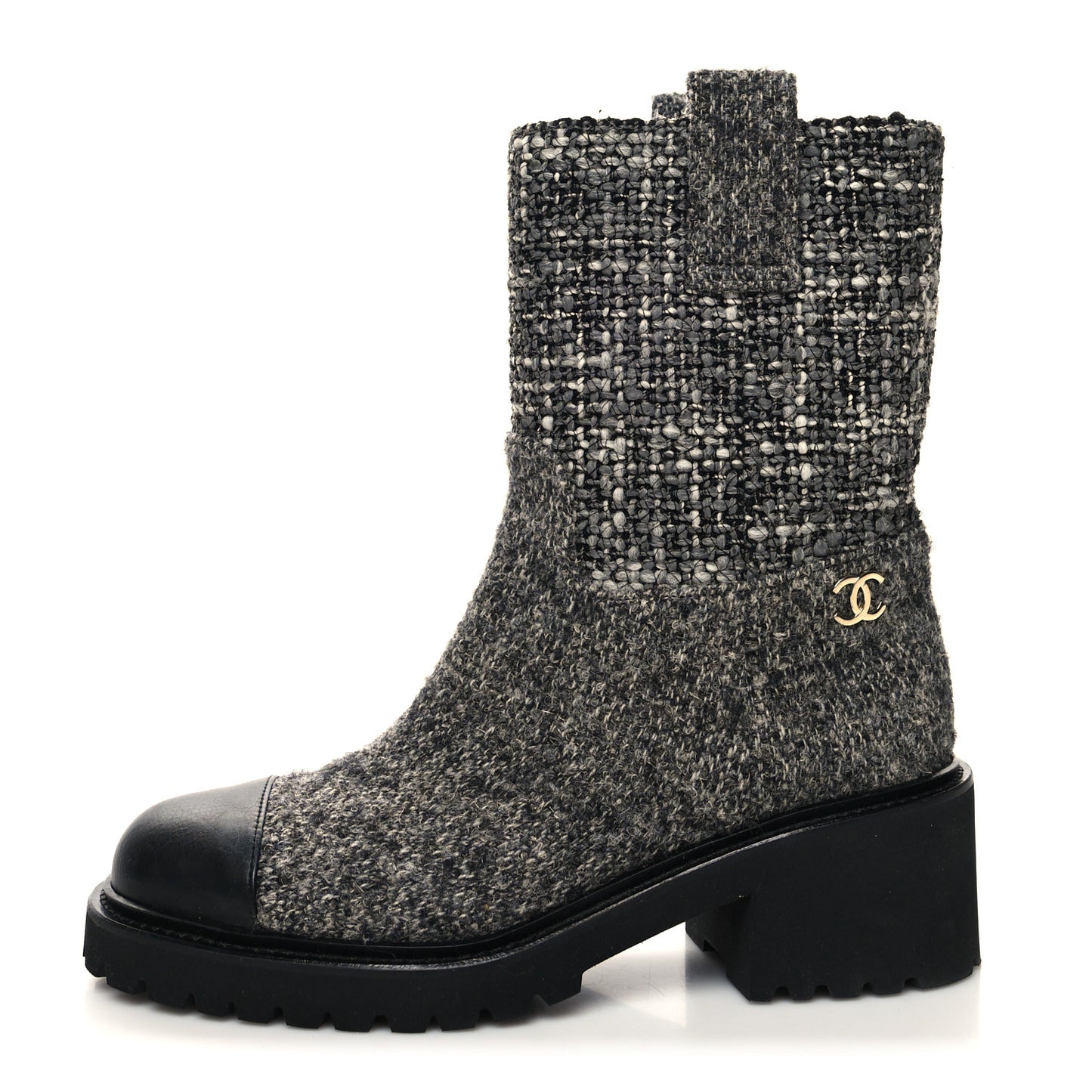 Wool Tweed CC Cap Toe Ankle Boots 36 Black Grey