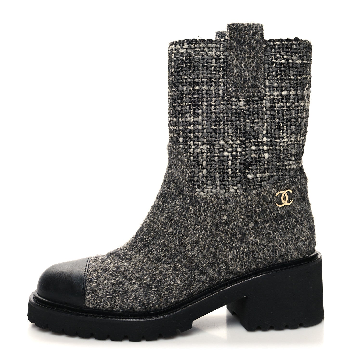 Chanel Wool Tweed CC Cap Toe Ankle Boots 36 Black Grey 1 of 11