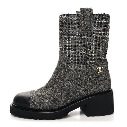 Chanel Wool Tweed CC Cap Toe Ankle Boots 36 Black Grey 1 of 11