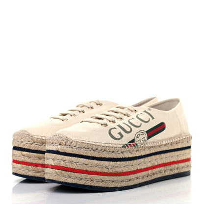 Gucci Canvas Logo Lace-Up Platform Espadrilles 38.5 Greggio Grege 3 of 7