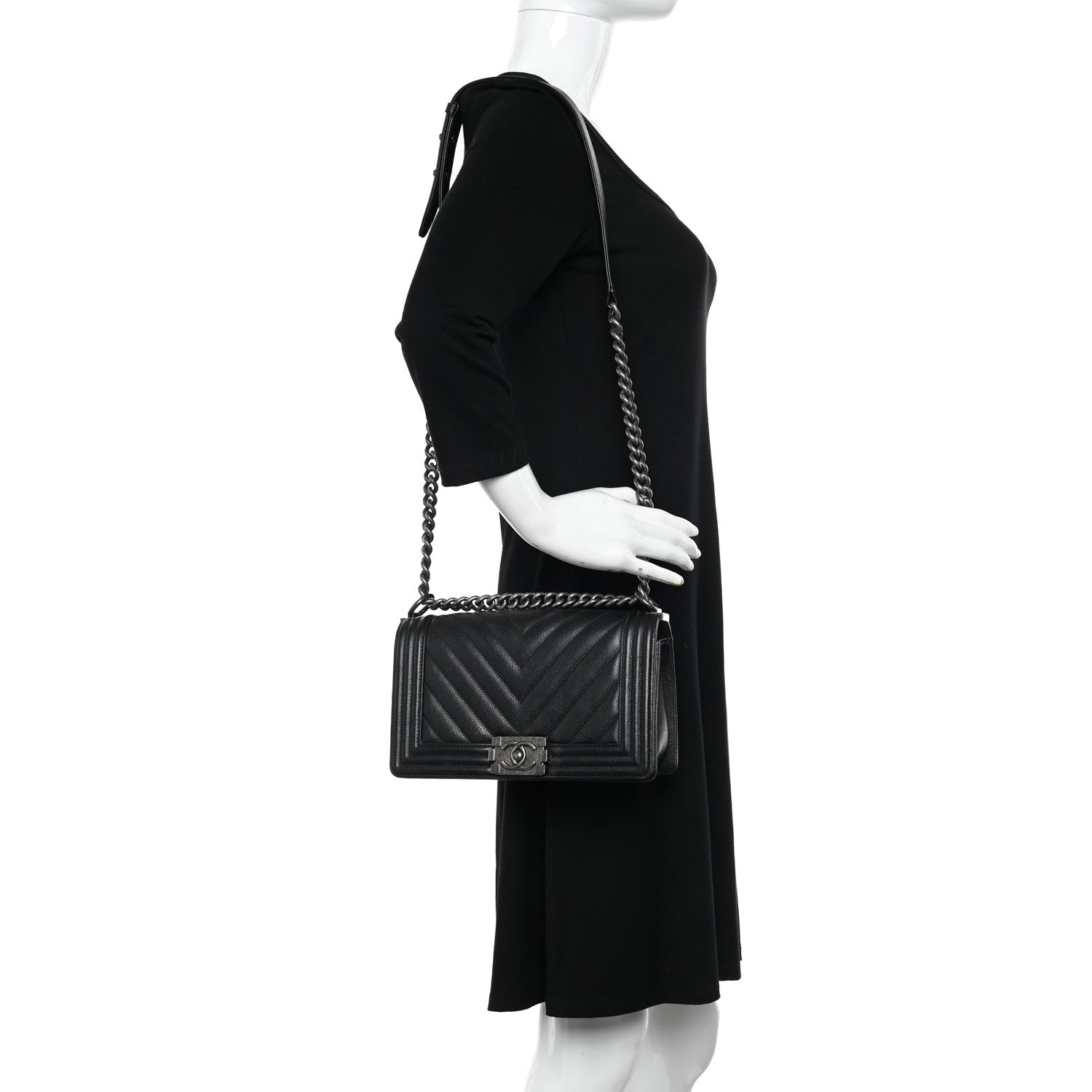 Chanel Caviar Chevron Quilted Medium Boy Flap Black 2 of 10