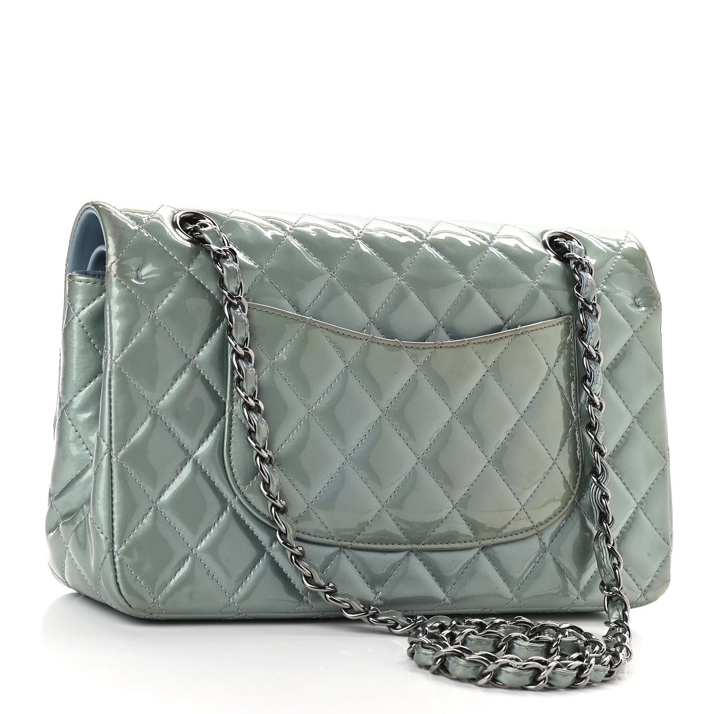 Patent Calfskin Quilted Medium Double Flap Turquoise