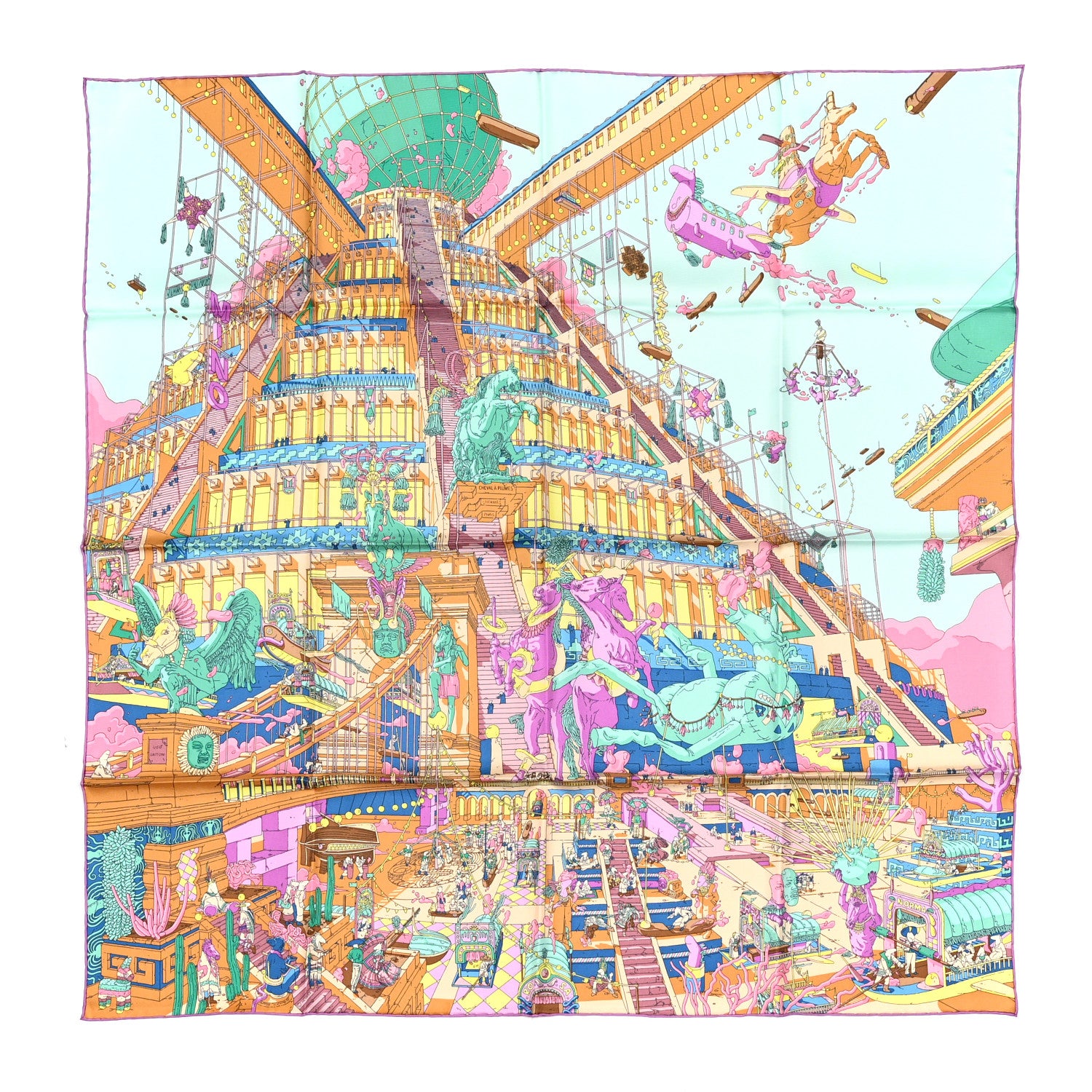 Hermes Silk La Legende Du Cheval Scarf 90 Mauve Aqua Camel 1 of 3