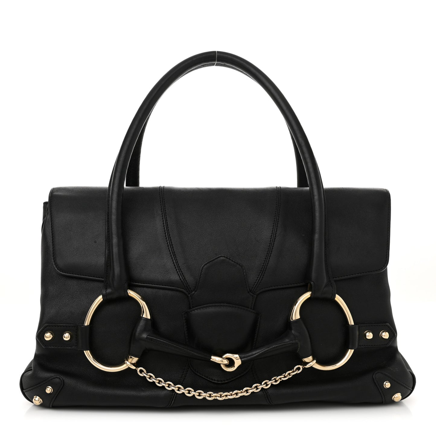 Grained Calfskin Large Horsebit Chain Flap Bag Black
