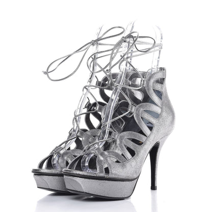 Saint Laurent Metallic Suede Tribute Sixteen 75 Lace Up Platform Sandals 38 Acciaio 3 of 10