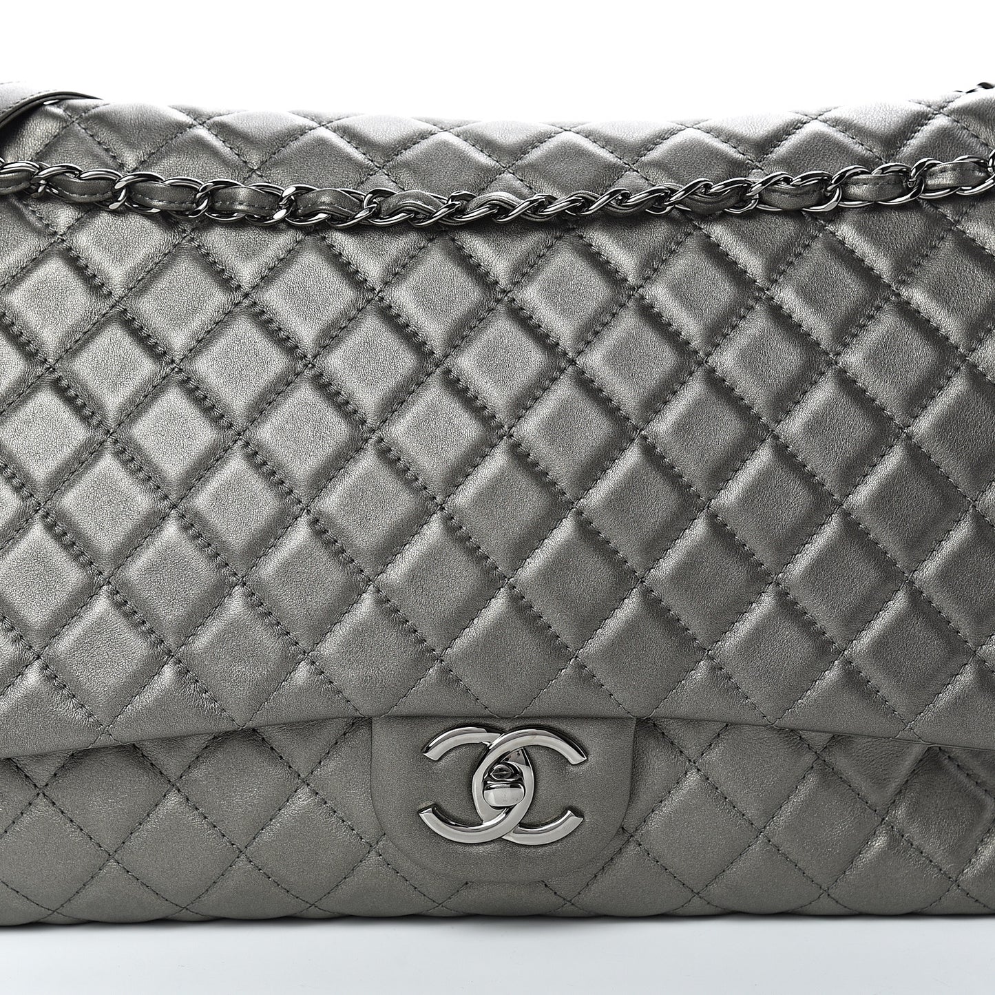 Metallic Calfskin Quilted XXL Travel Flap Bag Dark Silver