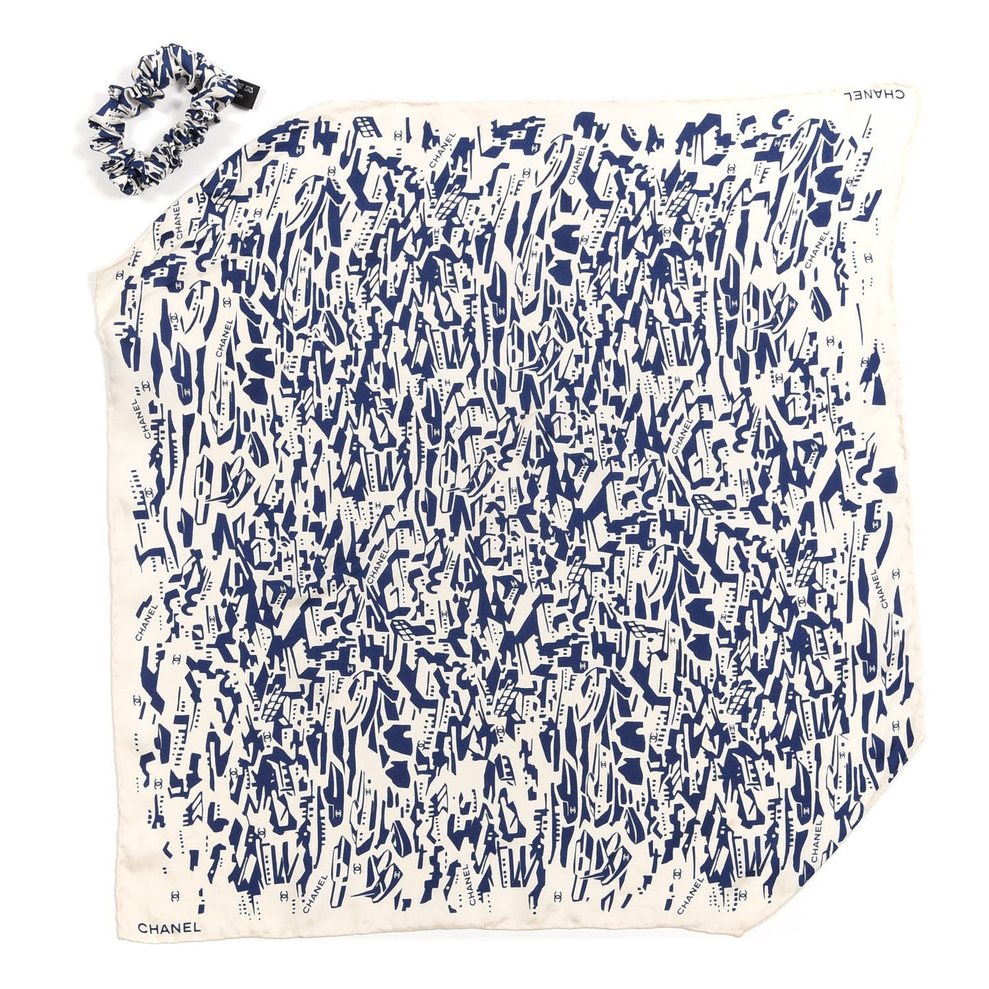 Silk Twill Hair Scarf Navy Blue White