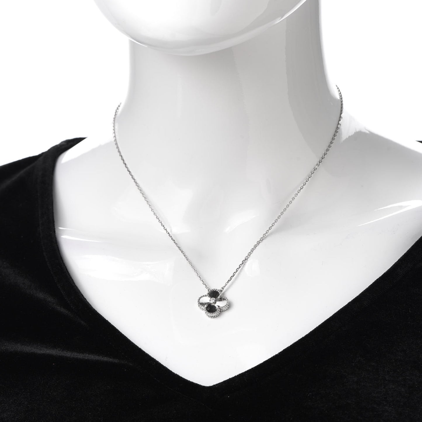 18K White Gold Diamond Guilloche Vintage Alhambra Pendant Necklace