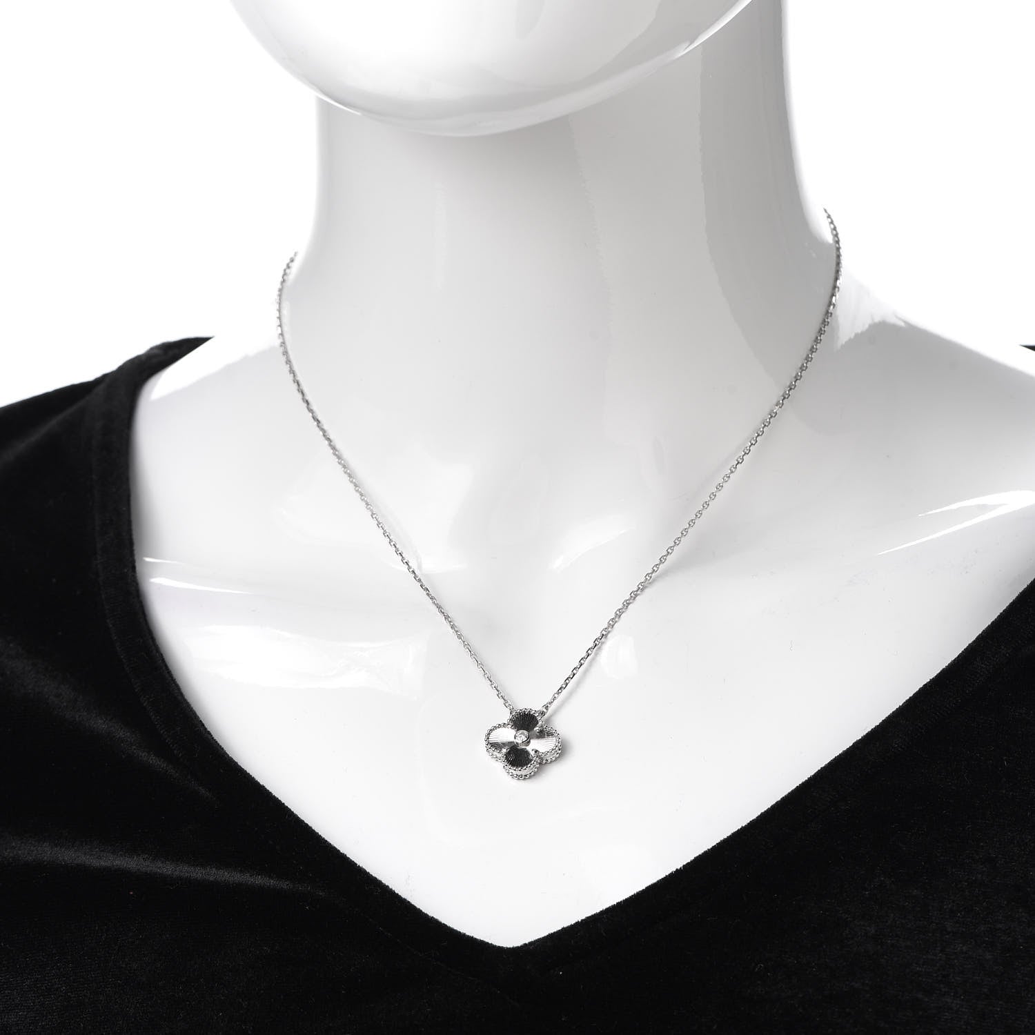 Van Cleef & Arpels 18K White Gold Diamond Guilloche Vintage Alhambra Pendant Necklace 2 of 8