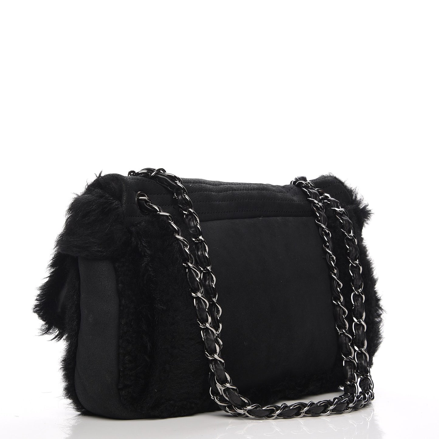 Suede Shearling Quilted Flap Black