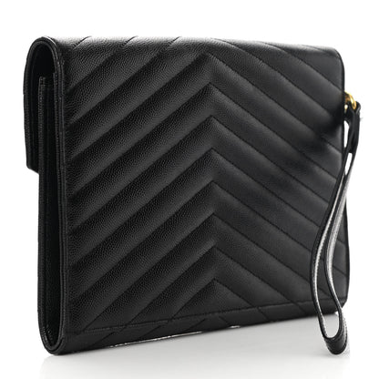 Saint Laurent Grain De Poudre Matelasse Chevron Monogram Envelope Clutch Black 4 of 10