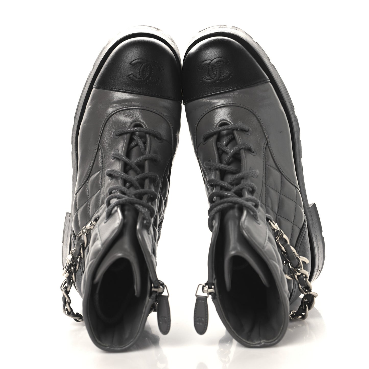 Calfskin Quilted Chain Lace Up Combat Boots 36.5 Grey Black