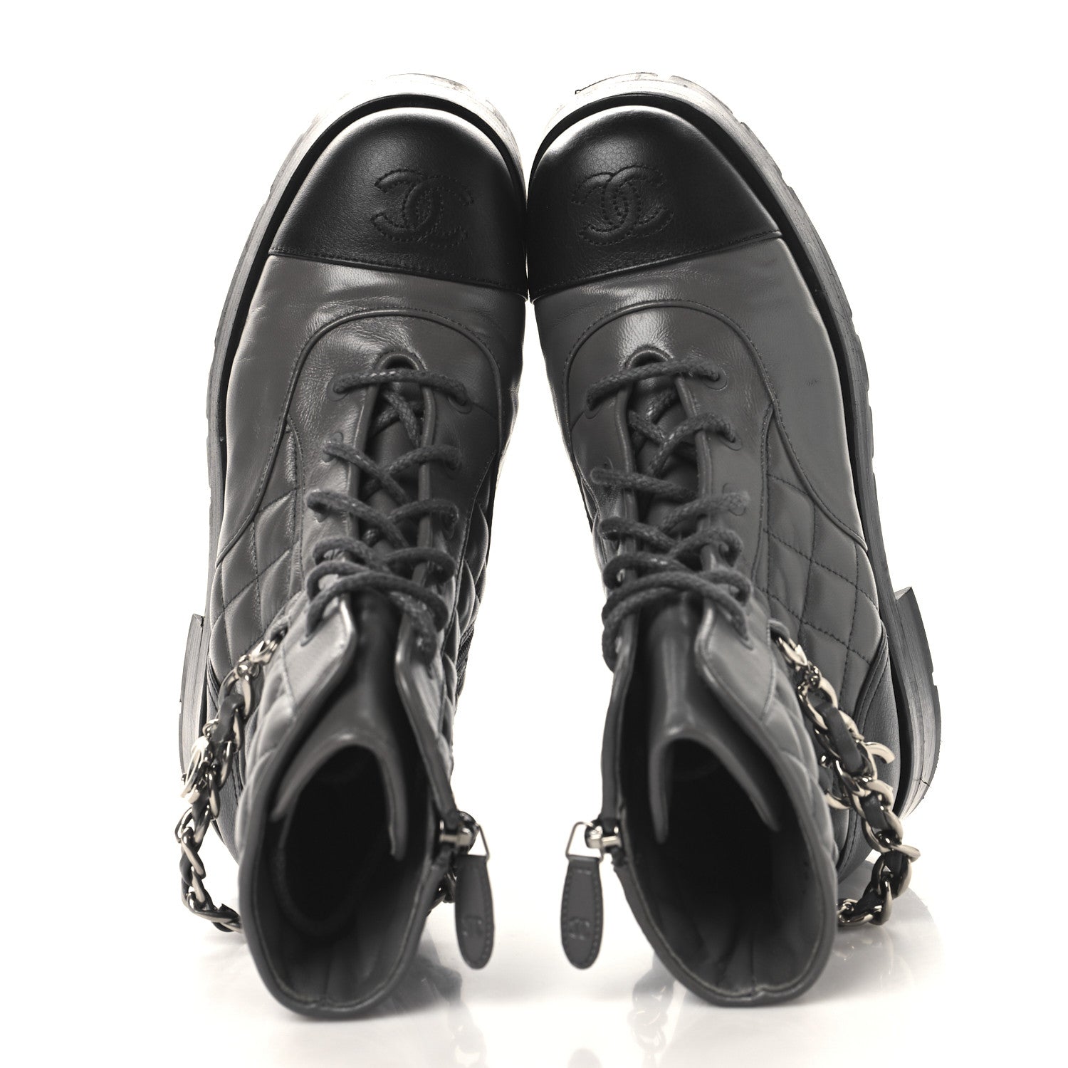 Chanel Calfskin Quilted Chain Lace Up Combat Boots 36.5 Grey Black 2 of 8