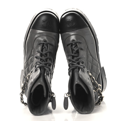 Chanel Calfskin Quilted Chain Lace Up Combat Boots 36.5 Grey Black 2 of 8
