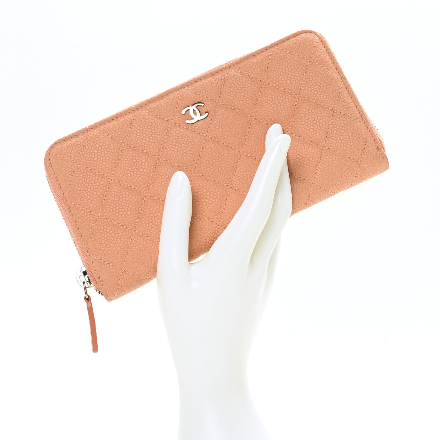 Iridescent Caviar Quilted Large Gusset Zip Around Wallet Coral