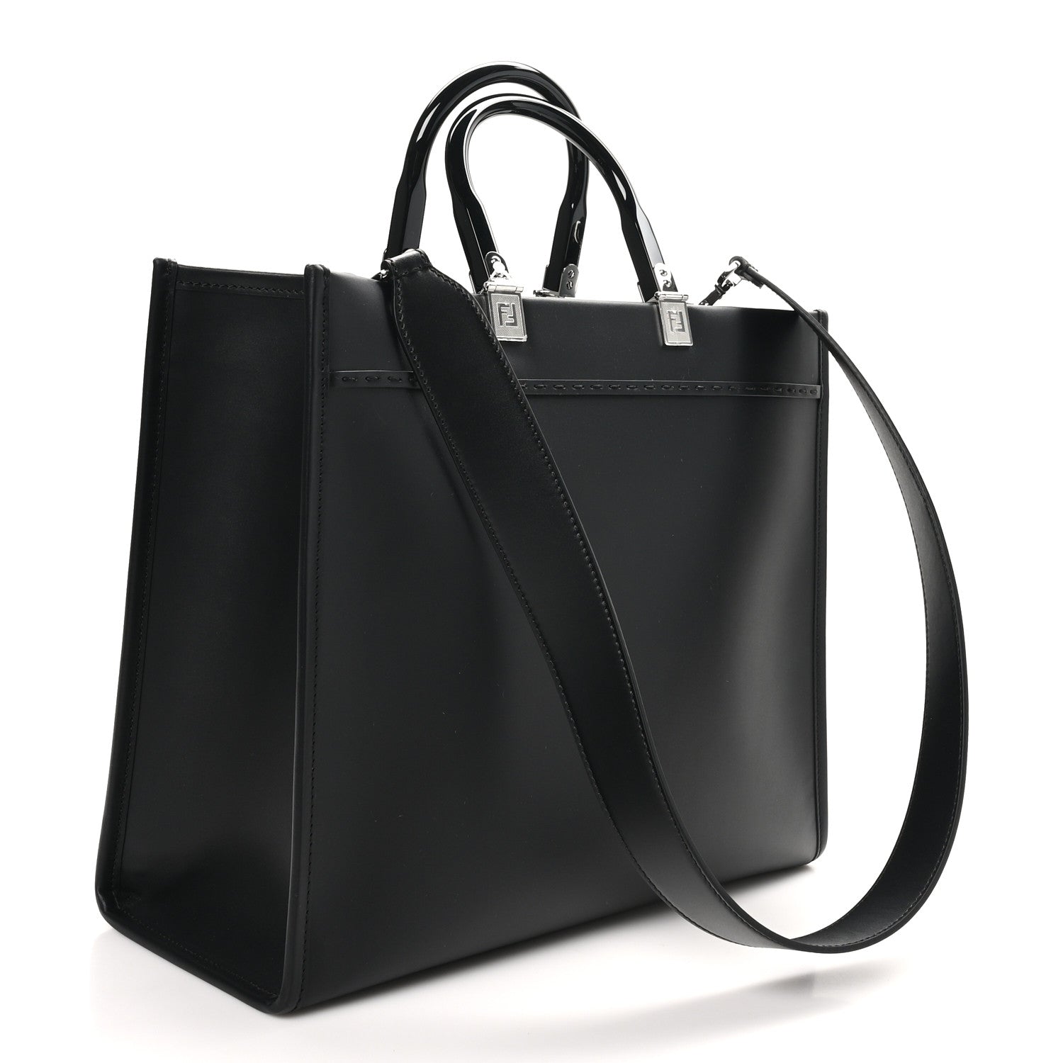 Fendi Vitello King Plexiglass Logo Embossed Medium Fendi Sunshine Shopper Tote Black White 2 of 9