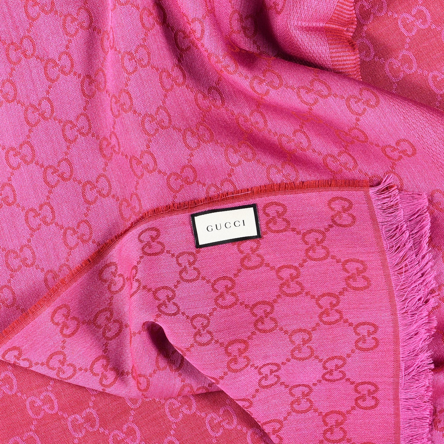 Gucci Wool Silk GG Monogram GGWeblong Fringe Scarf Shawl Red Pink 3 of 4