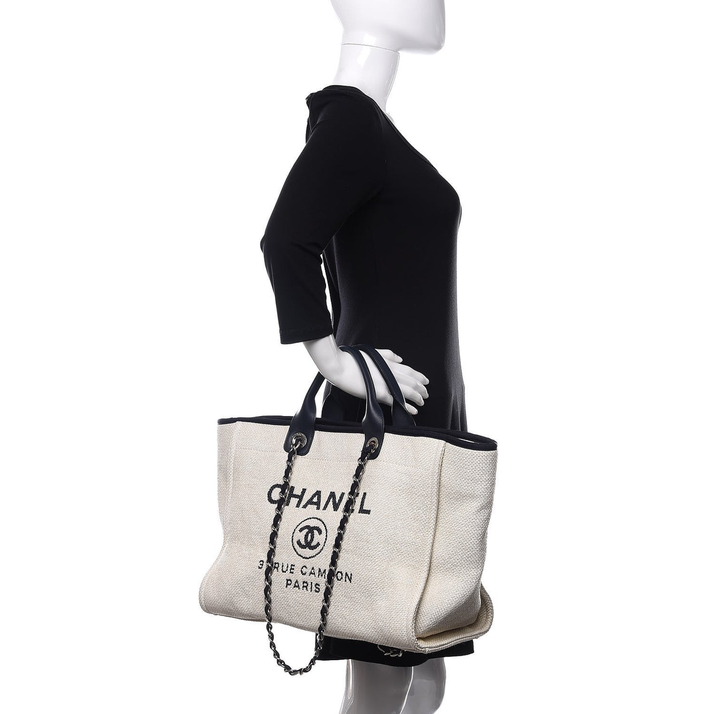 Woven Straw Raffia Medium Deauville Tote White Navy