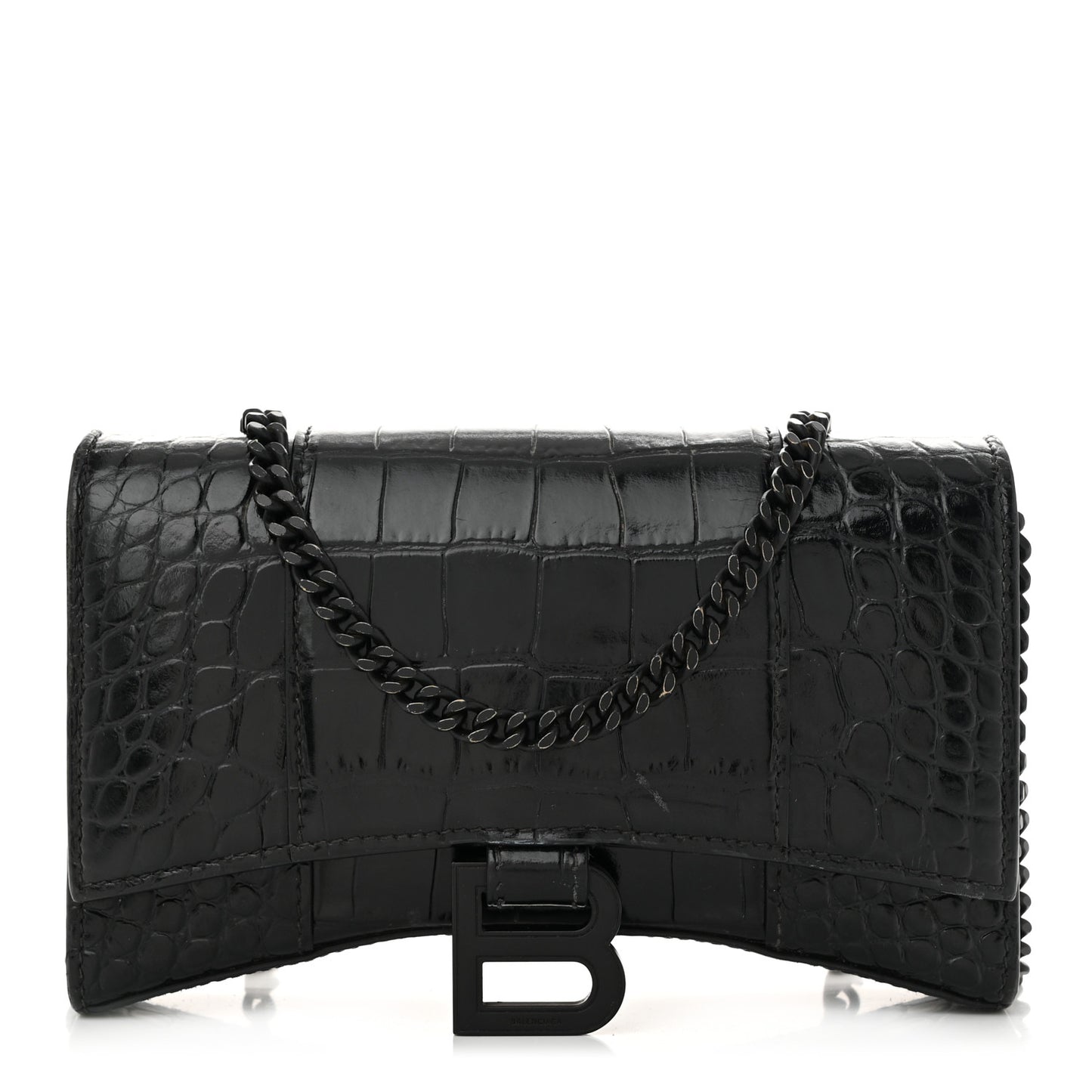 Shiny Calfskin Monochrome Crocodile Embossed Hourglass Chain Bag Black