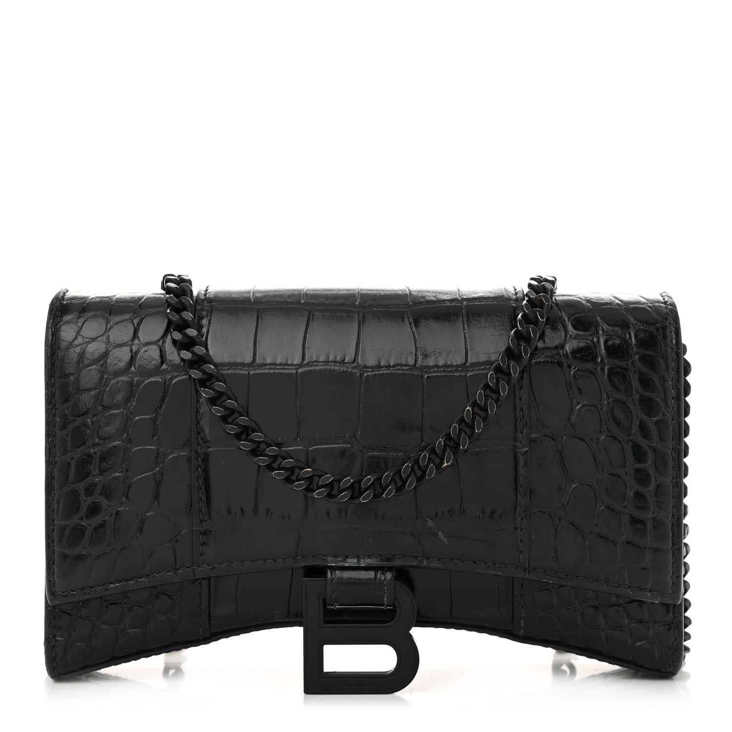 Balenciaga Shiny Calfskin Monochrome Crocodile Embossed Hourglass Chain Bag Black 1 of 13